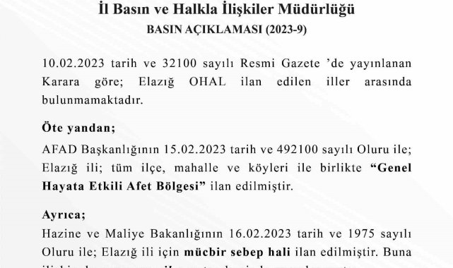 Elazığ Valiliği'nden OHAL açıklaması