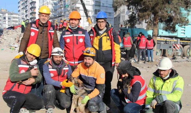 Ezan okunurken uluyan köpek ve yavruları, sesi fark eden görevlilerce enkazdan kurtarıldı